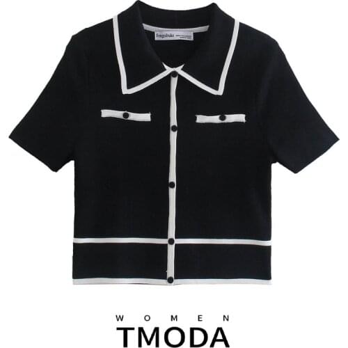 TMODA1777 Za Woman T Shirts Summer Retro Lapels Personalized Button Contrast Color Knitted Slim T-shirt Crop Top Mujer Camisetas
