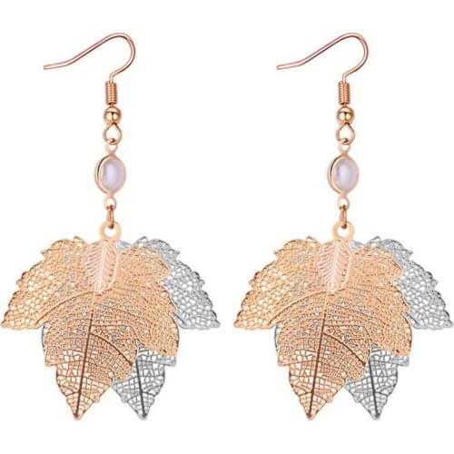Personality simulation metal maple earring female exaggerated popular double color hollow earring