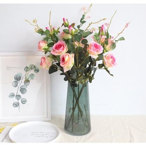 Artificial Flower 3 heads rose branch for home wedding decoration DIY wedding flower photography props velvet fake flower