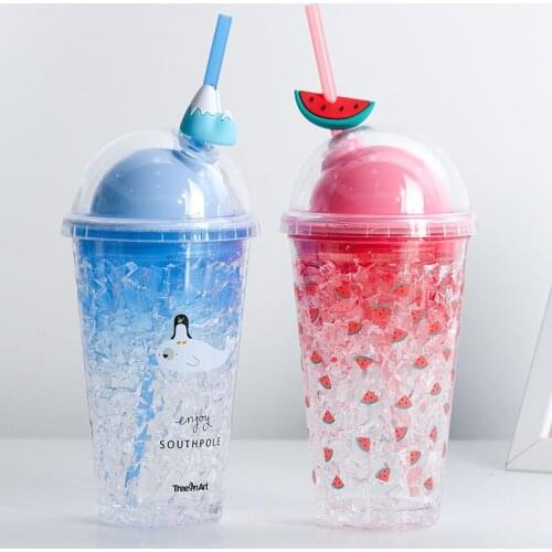 Creative Animal Fruit Plastic Straw Cup Healthy Cold Drink Double Layer Cups Cute Girl Summer Beverage Beer Water Bottle Ice Mug