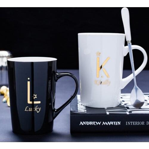 Creative Letter Couple Cups With Lid Spoon Ceramic Cup Practical Gift Home Mugs Nordic Alphabet Office Water Cup Drinkware