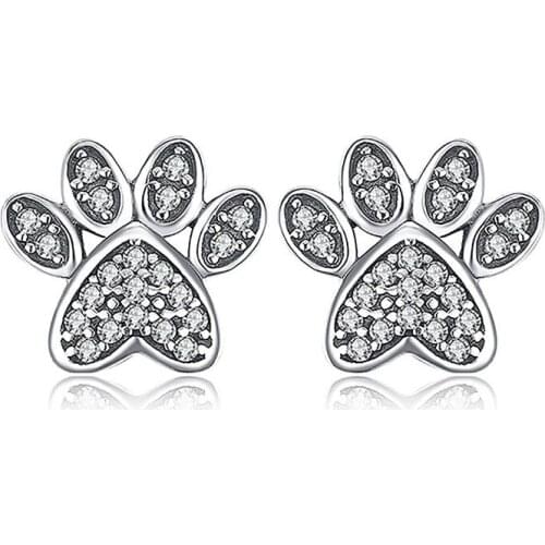 Cute Cat Paw Dog Claw White Zircon Stud Earrings For Women Wedding Jewelry Vintage Fashion Silver Color Animal Footprint Earring