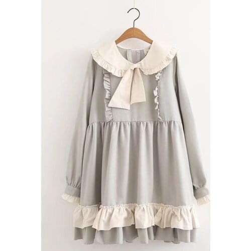 Japanese Soft Girl Lolita Long Sleeve Dress Autumn Winter Preppy Style Bow Tie Peter Pen Collar Loose Lovely Dress Black Grey