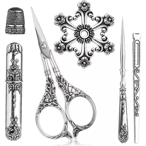 SHWAKK Embroidery Scissors Kits, Vintage Scissors European Style Sewing Scissors with Thimble and Metal Floss Bobbin for DIY