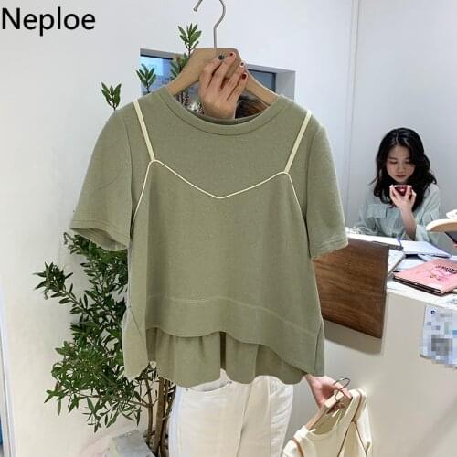 Neploe Fake Two Piece Women Tops New Arrival O-Neck Short Sleeve Tees Loose Cotton Irregualr Length T Shirts 43644