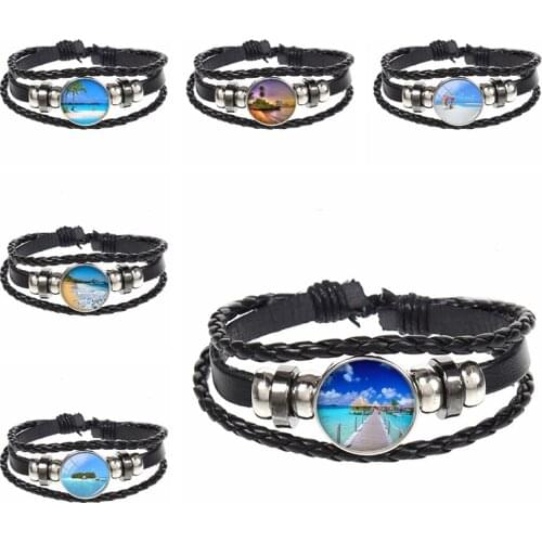 Charm Beach Glass Round Pendant Bracelet Cute Coconut Tree Hand Ring Leather Men Women Christmas Easter Gift Souvenir Kid Bangle