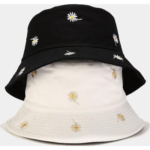 2021 Daisy flower embroidery Bucket Hat Fisherman Hat outdoor travel hat Sun Cap Hats for Men and Women