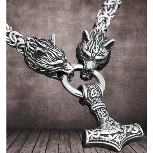 Punk Hip-Hop Viking-Wolf Head Pendant Odin Thunder-Hammer Thors Hammers Amulet Necklace Jewelry