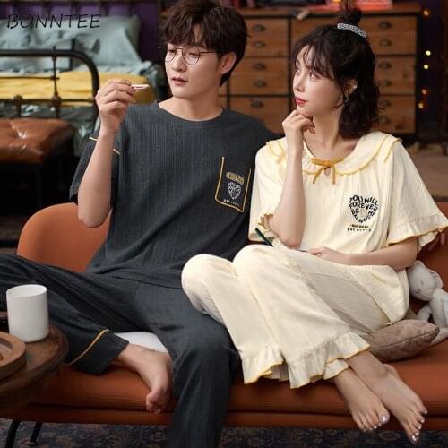 Couple Pajama Sets Casual Oversized Cotton Sleepwear Kawaii Printed Sweet Lovely Daily Soft Ulzzang Short Sleeve Summer Homewear