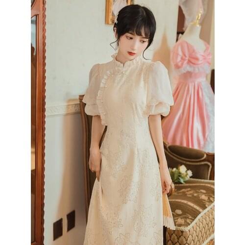 Retro Temperament Cheongsam Dress Puff Sleeve French Hollow Jacquard Elegant Lotus Leaf Collar Fashion Qipao