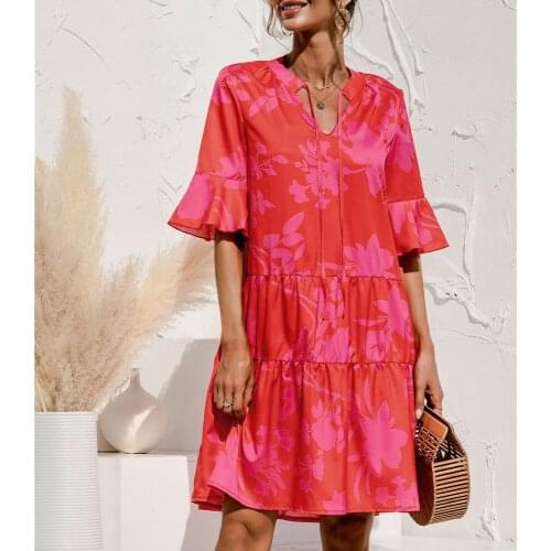 Cake Stitching Doll Dress V-neck Flare Sleeve Women Loose Casual Summer Leisure Streetwear Solid Fashion Mid-length Dresses