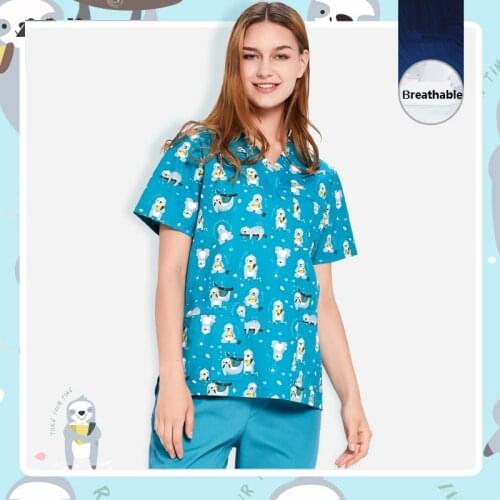 Lovely Cartoon Printing Work Uniforms Short-sleeved Health Services Working Shirt Jacket Summer Pet Scrub Top Costume Women