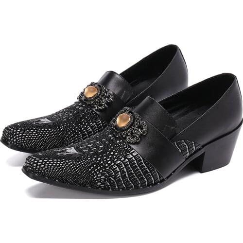 Luxury Handmade Mens Large Size Slip on 6.5cm High Heels Leather Shoes Wedding Business Man Formal Shoes Pointed Toe Men Loafer