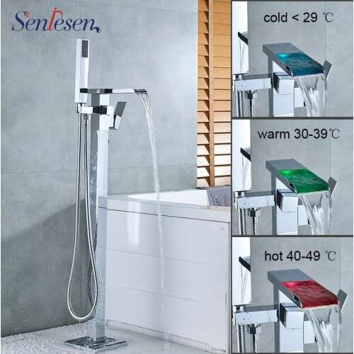 Senlesen Bathtub Faucet Chrome Waterfall LED Tub Faucet Floor Mount Shower Faucets Cold and Hot Water Mixer Tap