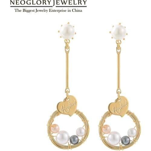 Neoglory Jewelry Hand Made Pearls With Heart Long Drop Earrings For Women Elegant colorful Pearls Dangle Earring Hot New Gift