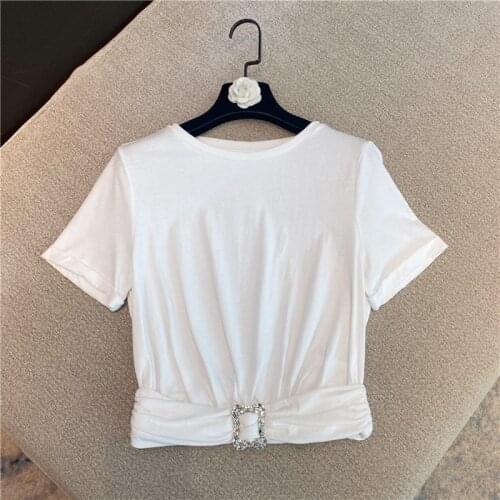 Rhinestone Buckle Short T-Shirt Woman 2021 Summer New Design All-Matching White Color Tee Girls Ladies Slim Fit Crop Top