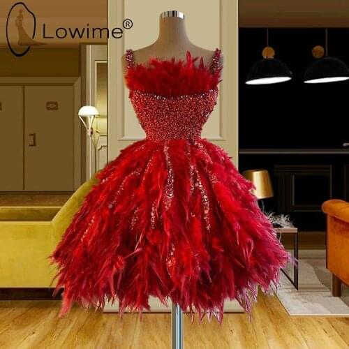 Red Feathers Pearls Short Party Dresses A Line Spaghetti Straps Sequins Party Gowns Custom Made 2021 Prom Dresses