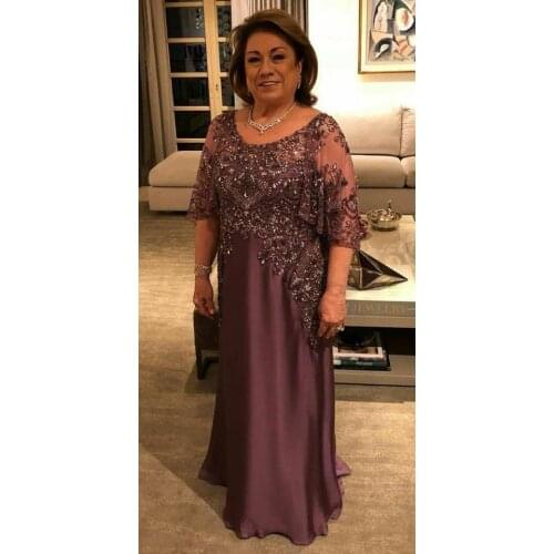 Vintage O-Neck Long Lace Beaded Mother of the Bride Dresses with Sleeves Zipper Back Floor Length Wedding Party Dress for Women