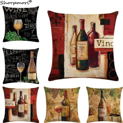 Vintage Polyester Linen Wine Bottle Pillow Cushion Cover Home Decor Living Room Sofa Car Throw Pillow Cases Funda Cojins 45x45cm