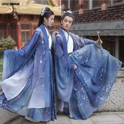 Cosplay Hanfu Vintage Oriental Costume Women Jin Dynasty Traditional Folk Dance Clothes Fairy Chinese Hanfu In Blue for Couples
