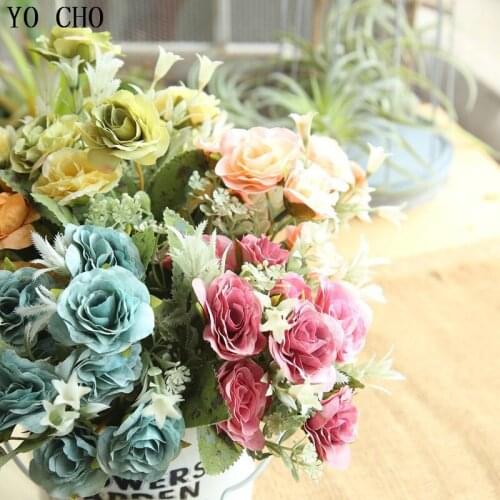 YO CHO Rose Artificial Silk Flowers Small Bouquet 8 heads Fake Flowers Wild Rose Decoration Wedding Home Table Garden Faux Flore