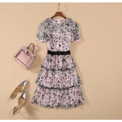 Womens European and American clothing 2021 summer new style Short sleeve heavy mesh sequins Fashionable pink dress