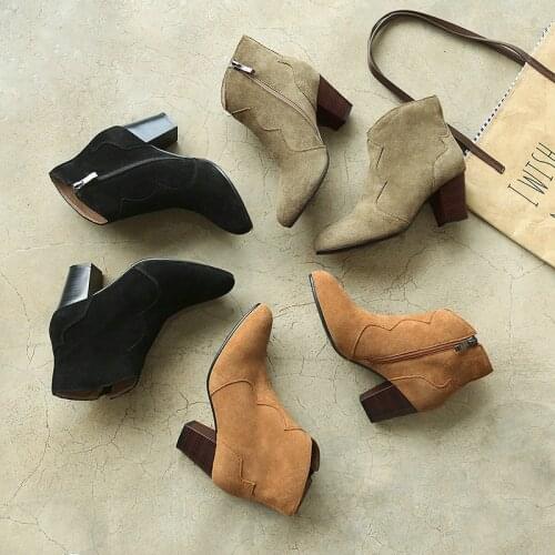 Fashion Women Ankle Boots High Heels Platform Western Boots Zipper Brown Black Green Short Shoes Female Large Size 34- 48