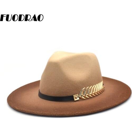 FUODRAO Autumn Winter Fedoras Women Wool Hats Gradient Color Jazz Cap Wide Brim Gentleman Elegant Lady Vintage Hat D8