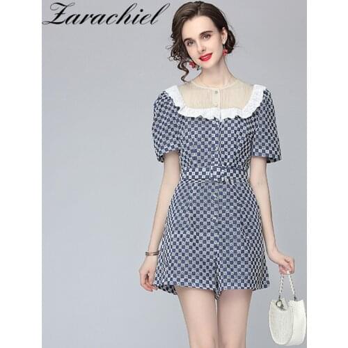 Elegant Puff Sleeve Plaid Playsuit Romper Women Cotton Embroidery Lace Trims Buttos Pocket Overalls Shorts Jumpsuit With Belt