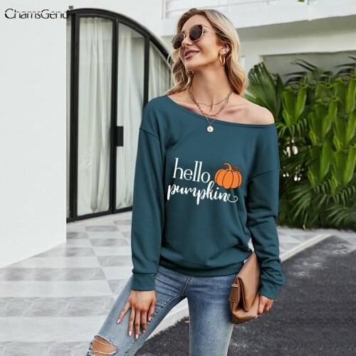 One Shoulder Sweatshirt Women Sexy O-Neck Devil Smile Long Sleeve Loose Halloween Pullovers Fall Autumn Sweatshirts Streetwear