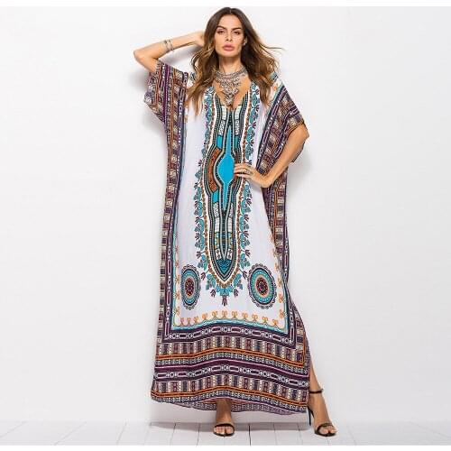 2019 New Summer Dress Beach Casual Fashion Trendy Print Plus Large Size Short Sleeve V Collar Long Robe Women Dresses ZW141