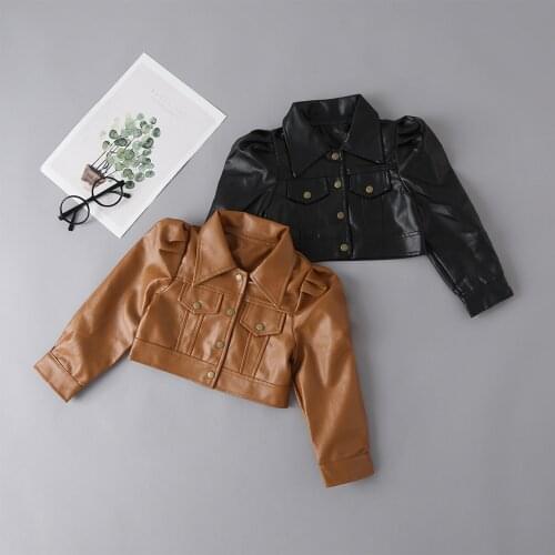 2021 Fashion Kids Girls PU Leather Jackets 2021 Autumn Children Long Sleeve Lapel Pocket Crop Tops Coats Baby Clothes 1-6Y