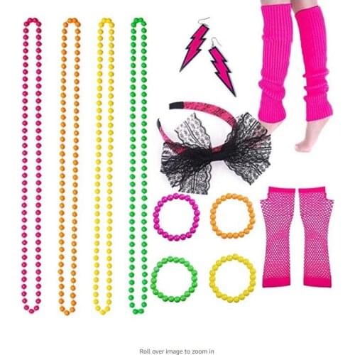 80s Fancy Dress Accessories Neon Necklace Bracelet Earrings Fishnet Gloves Leg Warmers Headband fancy dress party