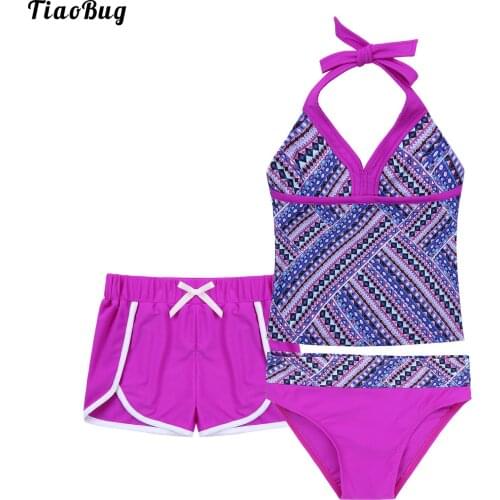 Summer Kids Girls 3Pcs Ethnic Pattern Print Swimming Suit Halter Neck Straps Top And Briefs Boyshorts Set Beach Bathing Swimwear
