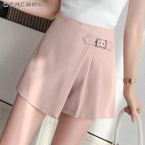 Pink irregular Womens Mini Skirts Shorts With Button 2021 High Waist Casual Korean Work Wear Wide Leg Short Skirts Female