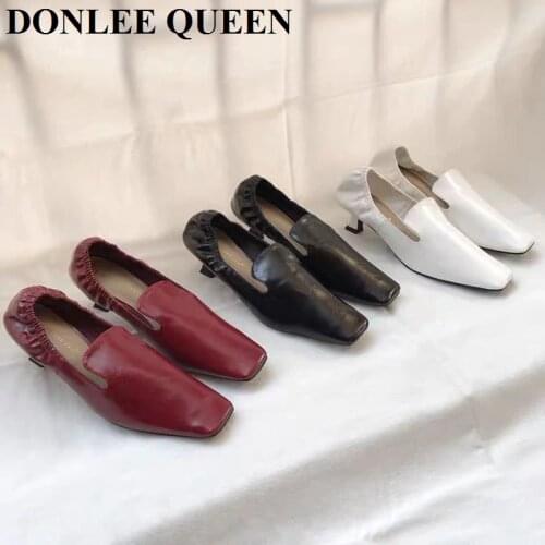 2020 Fashion Pumps Thin Low Heels Square Toe Slip On Loafer Female Work Shoes Women Elastic Band Pumps For Party Shoes Chaussure