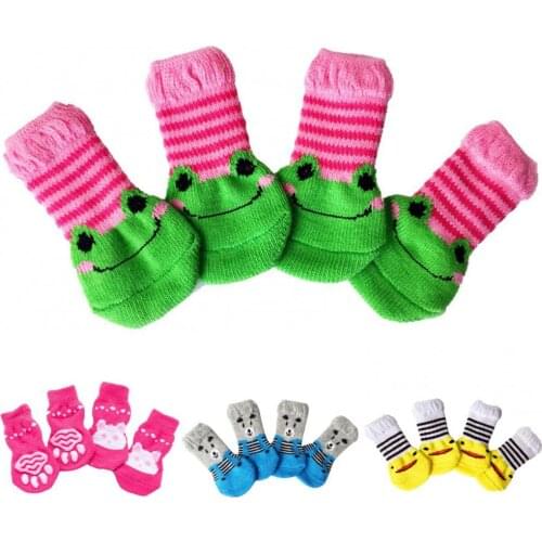 4Pcs Non-slip New Style Cute Cats Dogs Cotton Warm Anti-Slip Cartoon Pattern Socks Shoes Pet Dogs Supplies Accessories