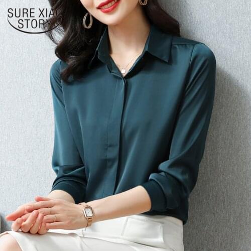 New Spring Silk Shirt Casual Blouse Full Sleeve Turn-down Collar Satin Loose Women Sihrts Office Lady Plus Size Solid Tops 12793