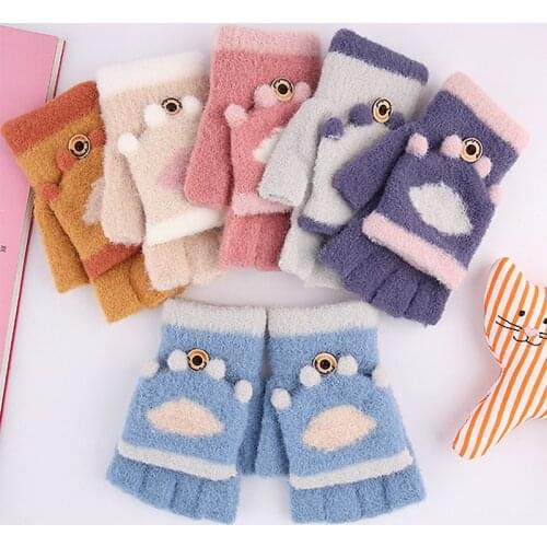 Iwarm Autumn Winter Boys and Girls Childrens Gloves Cute Cartoon Flip Fingerless Work Gloves Knitted Plus Velvet Mitten