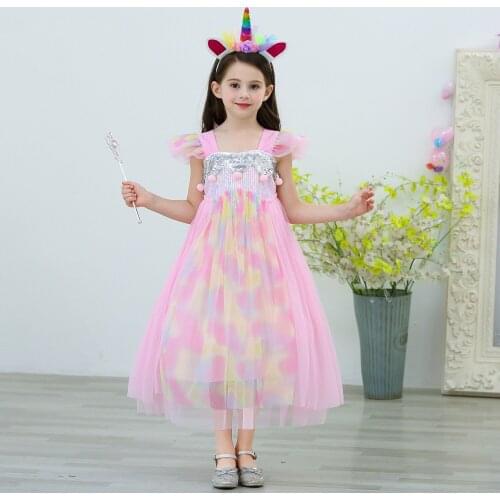 Girls Pink Princess Gauze Dress Children Show Unicorn Cartoon Print Cosplal Anime Perform Festival Party School Activity Suit