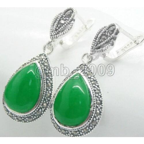 Hot Sell FASHION WOMENS NATURAL Green jade Quartzite stone MARCASITE 925 STERLING SILVER DROP EARRINGS