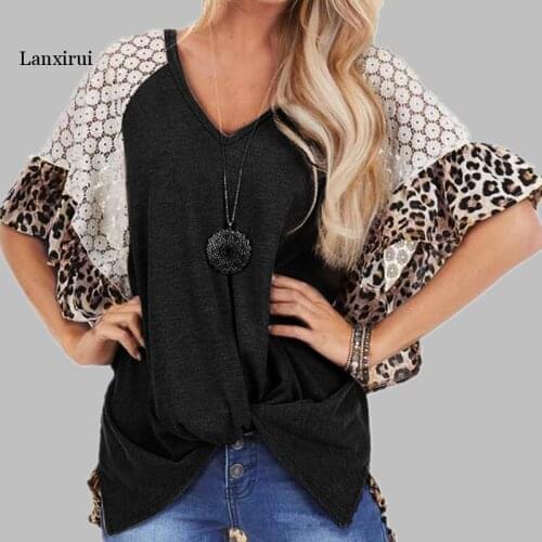 Leopard Printed T-Shirt Lace Splice T shirt V-Neck Short Sleeve Large size Bat Sleeve Casual t shirt Women TShirt Camiseta Mujer