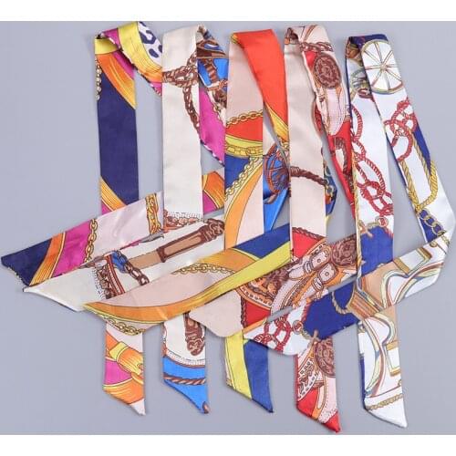 1PC Emulation Silk Scarf For Women Printed Bag Ribbons Fashion Head Scarf Small Long Skinny Scarves Hair Tie