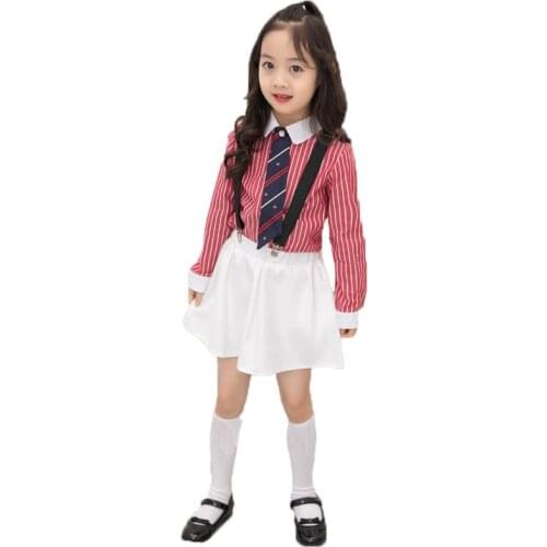 Flower Boys Summer Suit Girls School Uniform Children Wedding Dress Gentleman Kids Strap Shirt Pant Skirt Tie ceremony Costume