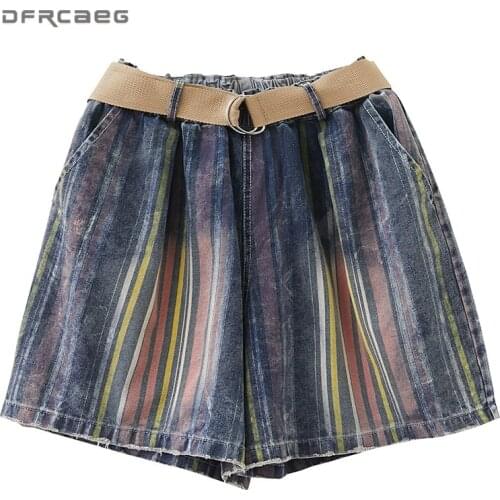 Free Belt Print Striped Vintage Womens Denim Shorts 2020 Elastic Waist Loose Summer Wide Leg Jeans Shorts Feminino