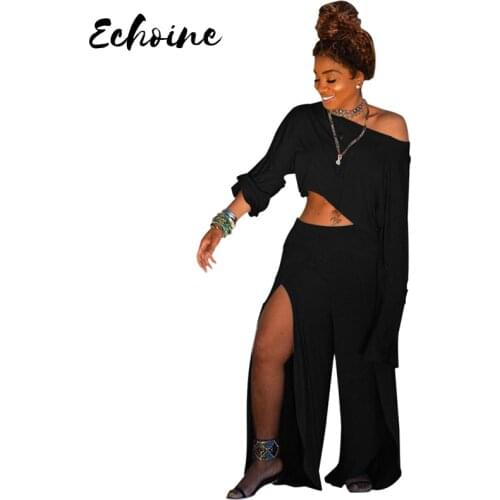 Echoine Loose Casual Long Sleeve Crop Top High Side Split Wide Leg Pants Suit Sexy Club Plus Size S-3XL 2 Pieces Suits 4 Colors