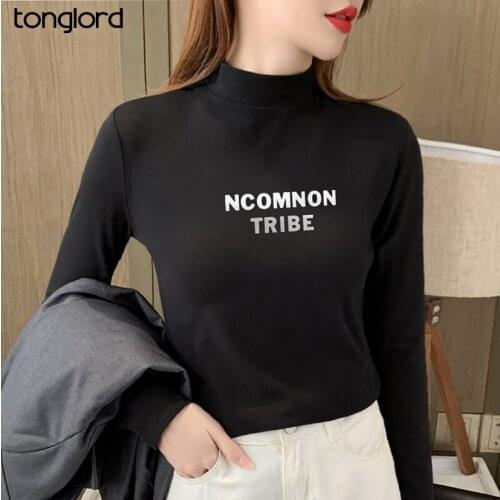 Women Half Turtleneck Bottoming Tops Autumn Winter Long Sleeve Velvet T-Shirts Female Letter Thick Elastic Casual Pullover 2021