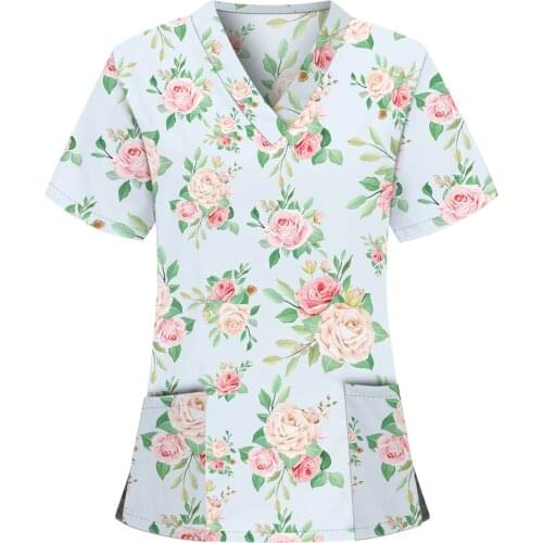 Women Blouse Nurse Scrubs Top Short Sleeve V-neck Floral Pattern Tops Nursing Working Uniform Blouse Ropa Floral Mujer Uniforme