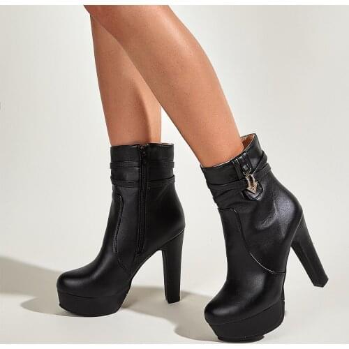 SAMSACQ Women Autumn Ankle Boots Sexy High Heels Platform Boots Round Toe Leather Booties Black Shoes Ladies Party Shoes New 202