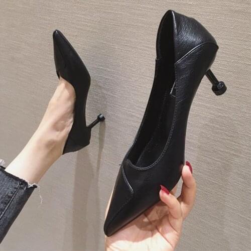 Women Leather Heels Shoes Mid Kitten Heel Office Lady Shallow Mouth Pointy Toe Slip On Spring Fashion Heels Shoes